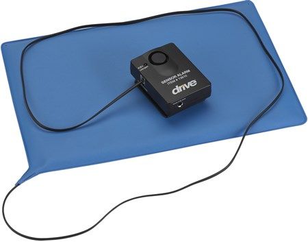 Drive Medical 13605 Pressure-Sensitive Chair and Standard Alarm; Alerts care giver with audio alarm when patient gets out of a chair or bed; Pressure-sensitive pad connects to the audio alarm; The alarm comes with a safety alert, On/Off switch and low battery warning; Comes with 9V Battery (Included); Pad Dimensions (chair) 10