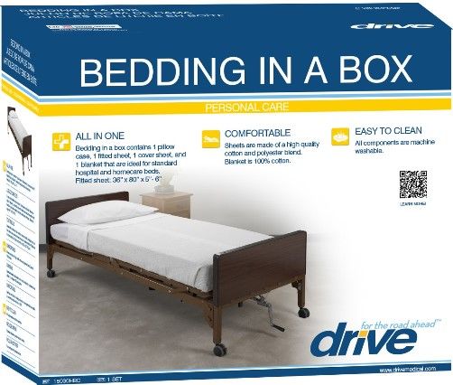 Drive Medical 15030HBC Hospital Bed Bedding in a Box; All components are machine washable; Contains 1 pillow case, 1 fitted sheet, 1 cover sheet, and 1 blanket that are ideal for standard hospital and homecare beds; The blanket is 100% cotton; The sheets are made of a comfortable, high quality cotton and polyester blend; UPC 822383520889 (DRIVEMEDICAL15030HBC 15030-HBC 15030 HBC) 