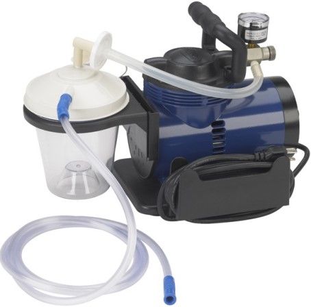 Drive Medical 18600 Heavy Duty Suction Pump Machine; Base with cord wrap; Includes 800 cc suction canister, 6 suction tube, 10 suction canister tubing, hydrophobic filter, plastic elbow connector and manual; Vacuum levels up to 560 mmHg; Controlled vacuum from 23