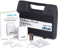 Drive Medical AMS-4N Portable EMS with Timer and Carrying Case; Comes complete with carrying case, 2 lead wires, 9-volt battery, 1 package of 4 pre-gelled electrodes and operating manual; Contraction time is adjustable from 2-30 seconds; Dual isolated channels; Intensity control is adjustable from 0-80 mA, 500 ohm load; UPC 822383250960 (DRIVEMEDICALAMS4N AMS4N AMS 4N)  