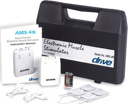 Drive Medical AMS-4N Portable EMS with Timer and Carrying Case; Comes complete with carrying case, 2 lead wires, 9-volt battery, 1 package of 4 pre-gelled electrodes and operating manual; Contraction time is adjustable from 2-30 seconds; Dual isolated channels; Intensity control is adjustable from 0-80 mA, 500 ohm load; UPC 822383250960 (DRIVEMEDICALAMS4N AMS4N AMS 4N) 