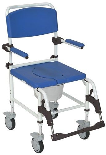 Drive Medical NRS185007 Aluminum Shower Commode Transport Chair, White and Blue; Attractive, Can be positioned over a standard toilet or used as a portable self contained commode; Comes with swing-away footrests with height and angle adjustable footplates; Padded seat back and arms; UPC 822383287140 (DRIVEMEDICALNRS185007 NRS-185007 NRS 185007) 