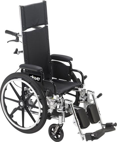 Drive Medical PL412RBDDA Viper Plus Light Weight Reclining Wheelchair with Elevating Leg rest and Flip Back Detachable Desk Arms; Attendant wheel locks in a convenient and easily accessible location; Built in seat rail extension and extendable upholstery allows the seat to be quickly set at 16