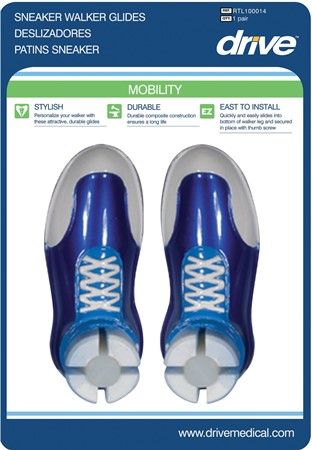 Drive Medical RTL100014 Sneaker Walker Glides; Allows walker to glide easily and smoothly over most surfaces; Easy, tool free installation; Replaces rubber tip; Stylish tennis shoe glides personalize the walker; Turn clockwise to tighten, counter clockwise to loosen; UPC 822383256924 (DRIVEMEDICALRTL100014 RTL-100014 RTL 100014) 