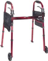 Drive Medical RTL10263KDR Portable Folding Travel Walker with 5" Wheels and Fold up Legs, Flame Red Crossbar with Red Frame; Comes with 5" front wheels and rear glide skis that are ideal for most surfaces; Easily folds tool free to 1/4 the size of a traditional walker and can be stored in a "Ready Set Go" pouch provided with each walker; UPC 822383251752 (DRIVEMEDICALRTL10263KDR RTL-10263KDR RTL 10263KDR RTL10263-KDR RTL10263 KDR)  