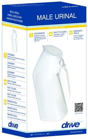 Drive Medical RTLPC23201-M Male Urinal; Can hold 32 oz (.9L); Cap helps confine odors; Designed to prevent spills; Essential for anyone who has trouble getting out of bed; Graduation marks to measure output; Lightweight, durable and easy to clean; Sturdy grip for easy handling and can be used in several positions by the patient; UPC 822383246321 (DRIVEMEDICALRTLPC23201M RTLPC23201M RTL-PC23201-M)