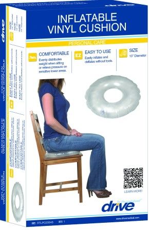 Drive Medical RTLPC23245 Inflatable Vinyl Ring Cushion; Helps provide both support and comfort when sitting for long periods; Inflation or deflation is easy with the convenient push-pull valve; Easy to clean; Dimensions 13
