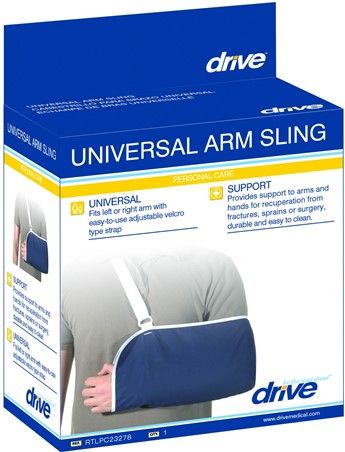 Drive Medical RTLPC23278 Universal Arm Sling; Comes with an easy-to-use adjustable sizing strap; Ideally sized for both adults and youths to fit either arm; Supports the arm for recuperation from fractures, sprains, or surgery of arm or hand; UPC 822383246178 (DRIVEMEDICARTLPC23278 RTL-PC23278 RTLPC-23278)
