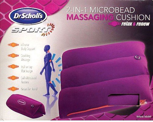 Dr. Scholl's DRMA8006 Microbead 2-in-1 Massaging Cushion, Purple; Cushion provides mid/lower back support; Fold and sip up for roll cushion that easily slides under feet, neck or back for extra comfort; Perfect for a soothing massage; Lightweight and portable for use in home, office, or extended plane or car rides; Requires 2 
