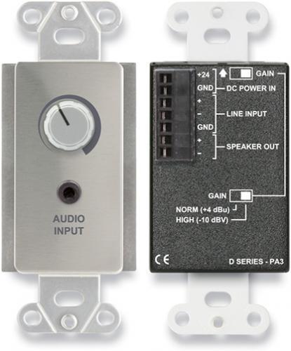 Radio Design Labs RDL-DSPA3 3.5 Watt Audio Amplifier; Wall-Mounted Amplifier with 2 Inputs; Balanced Input on the Rear Panel; Mini-Jack Input on the Front Panel; Automatic Switching Between Inputs; Input: 2 x 20 kOhms balanced or unbalanced bridging; Minimum Input Level: +18 dBu (balanced, maximum gain), -19 dBV (unbalanced mini-jack, maximum gain); Maximum Input Level: +22 dBu (low input sensitivity), +4 dBu (high input sensitivity) (DSPA3 DS-PA3 DS-PA3 BTX)