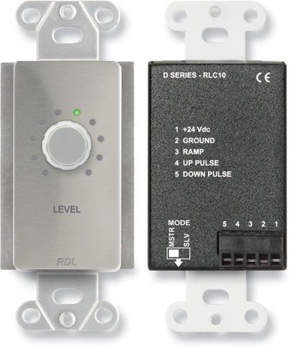 Radio Design Labs DS-RLC10 Remote Level Control; Rotary Optical Encoder Single or Multiple Control Locations; Up To Ten Remote Control Locations; Integral 0 to 10 VDC Ramp Generator; Level Control: Optical rotary encoder; Connector: 1 x 5-position terminal block; LED Indicators: 10 x power; Power Requirement: 24 VDC @ 50 mA, Ground-referenced; Mounting: Mounts in standard US electrical box; Dimensions (H x W x D): 4.11 x 1.31 x 0.98