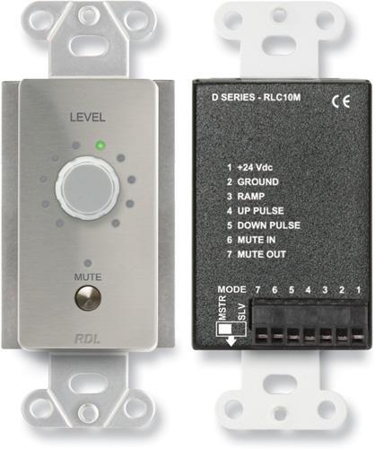 Radio Design Labs DS-RLC10M Remote Level Control with Muting; Rotary Optical Encoder Remote Level Control; Single or Multiple Control Locations; Up To Ten Remote Control Locations; Integral 0 to 10 VDC Ramp Generator; Voltage: 0 to 10 VDC (Slave mode input; Master mode output); Connectors: Back Panel:, 7 x Screw terminal block, power and control; Indicators: 1 x LED, Muting, 10 x LED, Level; Power Requirement: 24 VDC @ 30 mA, Ground-referenced (DSRLC10M DS-RLC10M DS-RLC10M)