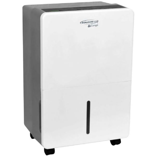SoleusAir DS1-45E-101 45-Pint Portable Dehumidifier in White/Gray; Portable dehumidifier removes up to 45 pints of moisture per 24 hours; MyHome Mode offers preprogrammed humidity levels for basement, living and sleeping spaces; Continuous Mode with garden hose connector offers continuous low-level drainage (garden hose NOT included); UPC 840505402004 (DS145E101 DS145E-101 DS1-45E101 DS1-45E-101)
