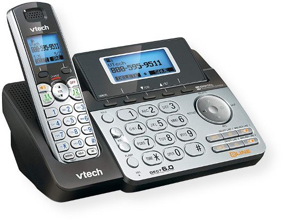 VTech  DS6151  2-Line Answering System with Dual Caller ID/Call Waiting; Silver with Black; DEC T 6.0 Digital technology; 2-Line operation; Digital answering system with a mailbox for each line; Caller ID/Call Waiting  stores 50 calls; Handset and base speakerphones; Expandable up to 12 cordless handsets with only one phone jack; Handset message retrieval; UPC 735078016584 (DS6151 DS-6151 DS6151PHONESYSTEM DS6151-PHONESYSTEM DS6151VTECH DS6151-VTECH) 