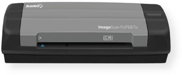 Ambir DS687IX-AS Model ImageScan Pro 687IX-AS Duplex ID Card Scanner With AmbirScan, Up to 600 dpi Optical Resolution; Scans in 3 seconds per single-sided card in grayscale mode at 300dpi or 3 seconds per card in duplex mode; Maximum 4.13 x 10 Scan Area; Duty cycle of up to 100 pages per day, CMOS CIS Contact image sensor, Mechanical Paper Sensor; Windows 8, Windows 7, Vista(32/64), XP(32/64) Compatible; Dimensions 8 x 2.6 x 1.7; Weight 11.2oz, UPC 835345004587 (DS687IXAS DS-687IXAS DS687I-