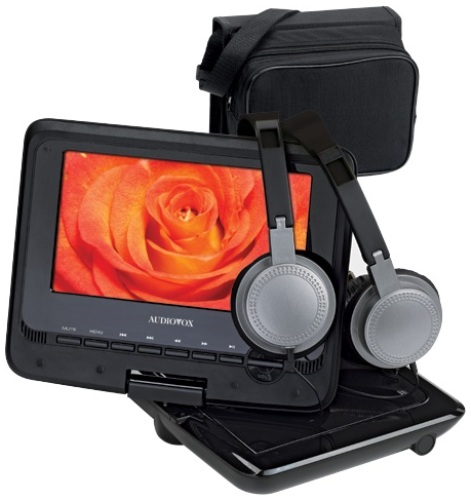 Audiovox DS7321PK 7 inch swivel screen portable DVD player kit; Swivel display - 270 degree rotation; 2 hour playback; Internal rechargeable Li-polymer battery; 16:9 aspect ratio; 480 x 234 resolution; Remote control; Built-in stereo speakers; 3.5mm headphone jack; Audio/video output; Disc playback: DVD, CD MP3, JPEG; UPC 044476079900 (DS7321PK DS7-321PK)