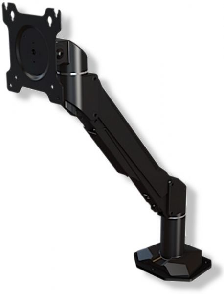 Crimson DSA11C Single link desktop arm; VESA compatible: up to 100x100mm; Fits a 32 screen up to 30lbs; Finger tip tilt and screen leveling; Full motion tilt up to 30 degrees forward and 90 degrees back; Base options: flat base, edge clamp, through-hole or vertical pipe adapter; UPC 0815885015212; Weight 8 Lbs; Package Dimensions 27