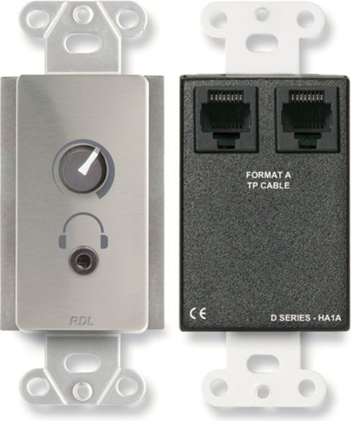 RDL DS-HA1A Series HA1A Format A Stereo Headphone Amplifier  With User Level Control, Silver color, Output on standard mini jack, Mounts in a wall or cabinet, Input and power connection on RJ45, Connects to format A sender using twisted pair cable, Powered from RDL twisted pair format A sender, RJ45 loop thru for connecting additional modules, UPC 813721015761 (DSHA1A DSHA-1A DSHA1-A RDLDSH-A1A RDLDSHA-1A RDLDSHA1-A)