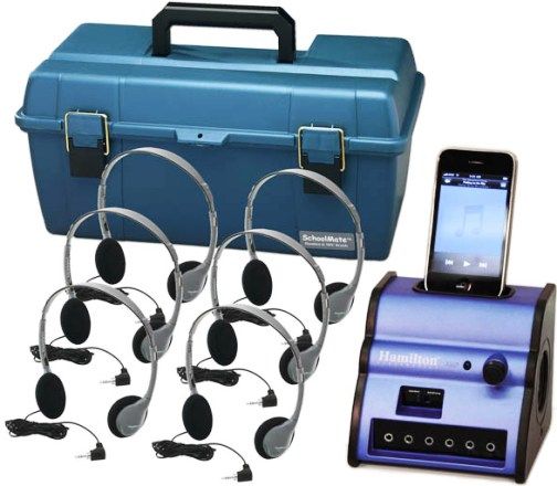 HamiltonBuhl DSIP-HA2 Listening Center, Includes: Digital Audio Hub with 6 HA2 Headphones and Plastic Carry Case, Power and audio dock for iPod with dock connector and iPhone, 4 Watt RMS amplified speakers (2W/Channel), 6 Headphone jacks with single volume control, 1/8