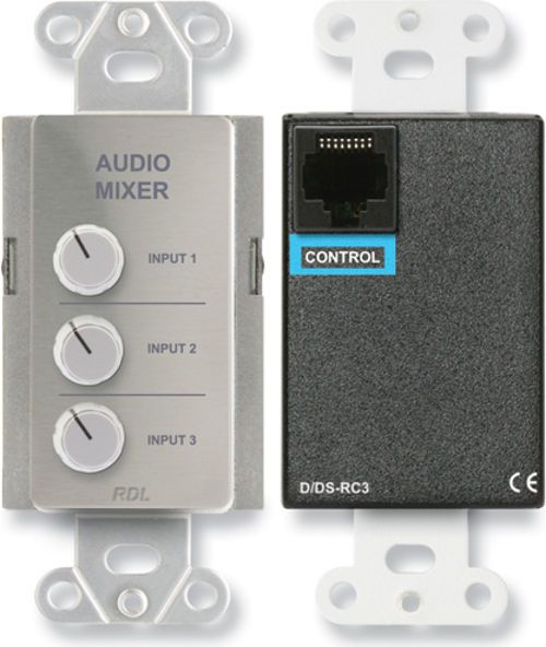 RDL DS-RC3 Three Channel Remote Audio Mixing Control, Silver color, Three channel remote audio mixing control panel, Single turn rotary controls, Single control location, Direct control of RDL mixers with an RJ45 remote control port, Standard twisted pair interconnection to mixer, Dimensions 4.10