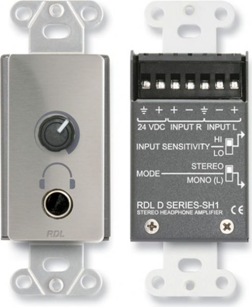 RDL DS-SH1 Stereo Headphone Amplifier, Decora panel with user level control; Silver color; Panel mounted headphone amplifier; Wall mounted headphone amplifier; Integral long life VCA stereo level control; Balanced or unbalanced inputs; Switch selectable input sensitivity; Switch selectable mono or stereo operation; Amplifier to drive high or low impedance headsets; UPC 813721014849; (DSSH1 DSSH-1 D-SSH-1 RDLDSS-H1 RDLDSSH-1 RDLD-SSH-1)