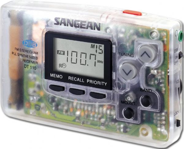 Sangean DT-110CL FM-Stereo/AM PLL Synthesized Pocket Clear Radio, 24 Memory Preset Stations, 90 Minute Auto Shut Off, LCD Display, Includes Earphones And Carrying Pouch, Clear; PLL synthesized tuning; 24 memory preset stations; 90 minute auto shut off; LCD display; AM / FM stereo with supplied earphones; Handheld size; DBB (Dynamic Bass Boost); Dimensions 3.77