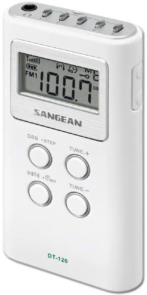 Sangean DT-120 AM/FM Stereo PLL Synthesized Pocket Receiver, White; Direct recall 15 station presets (10 FM, 5 AM); Auto seek station; Built-in real time clock; Signal strength indicator; Adjustable tuning step; DBB (Dynamic Bass Boost); Stereo / Mono switch; 90 minute auto shut off; Lock switch; Battery power indicator; UPC 729288049227 (SANGEANDT120 SANGEAN DT120 DT 120 DT-120)