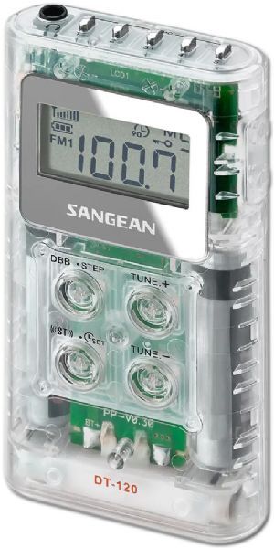 %Sangean DT-120CL FM-Stereo / AM PLL Synthesized, Pocket Receiver, Clear; Direct recall 15 station presets (10 FM, 5 AM); PLL synthesized tuning system; Auto seek station; DBB (Dynamic Bass Boost); Stereo / mono switch; 90 minute auto shut off; Lock switch; Battery power indicator; Handheld size; Dimensions 4