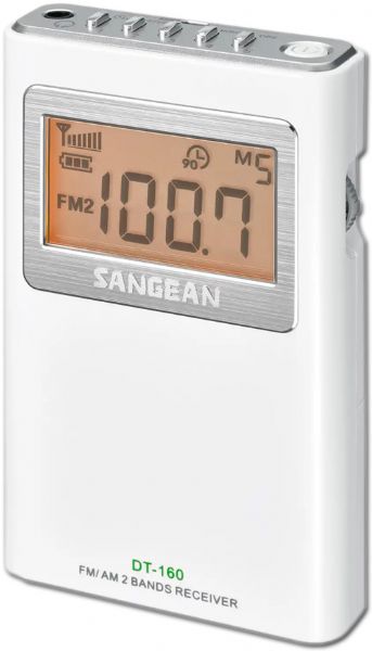 Sangean DT-160 FM/AM Stereo Pocket Radio, White; Direct recall 15 station presets (10 FM, 5 AM); Built-in clock; Signal strength indicator; Adjustable tuning step; DBB (Dynamic Bass Boost); Stereo / mono switch; 90 minute auto shut off; Lock switch; Battery power indicator; Headphone, I/O jack; Handheld size; Built-in real time clock; Easy-to-read LCD display; Earbuds included; DSP tuner; UPC 729288049302 (SANGEANDT160 SANGEAN DT160 DT 160 DT-160)