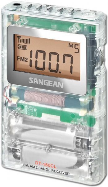 Sangean DT-160CL FM/AM Stereo Pocket Radio, Clear; Direct recall 15 station presets (10 FM, 5 AM); Built-in clock; Signal strength indicator; Adjustable tuning step; DBB (Dynamic Bass Boost); Stereo / mono switch; 90 minute auto shut off; Lock switch; Battery power indicator; Headphone, I/O jack; Handheld size; Built-in real time clock; Easy-to-read LCD display; Earbuds included; DSP tuner; UPC 729288049319 (SANGEANDT160CL SANGEAN DT160CL DT 160CL DT-160CL)