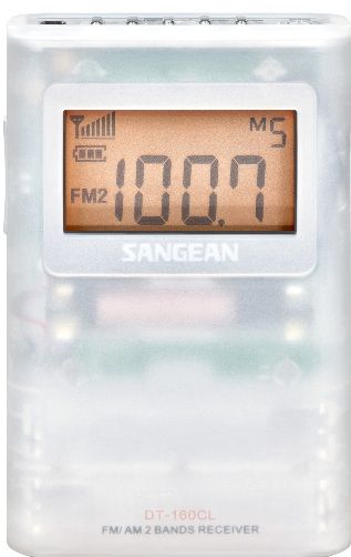 Sangean DT-160CLP AM/FM Stereo Digital Tuning Pocket Radio with Large LCD and Longer Battery Life with Clear Jelly Pouch, Direct Recall 15 Station Presets (10 FM, 5 AM), Signal Strength Indicator, Adjustable Tuning Step, DBB (Dynamic Bass Boost), Stereo/Mono Switch, Lock Switch, Battery Power Indicator, Handheld Size, UPC 729288049326 (DT160CLP DT 160CLP DT-160-CLP DT160-CLP DT-160 CLP) 