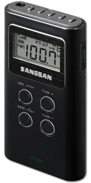 Sangean DT-180BK AM / FM Pocket Radio, Black; Direct recall 15 station presets (5 FM1 / 5 FM2 and 5 AM); Built-in real time clock; Signal strength indicator; Adjustable tuning step; DBB (Dynamic Bass Boost); Stereo / mono switch; 90 minute auto shut off; Lock switch; Battery power indicator; 2 X AAA size / UM-4 batteries, power source; Headphone, earphone jacks; UPC 729288049180 (SANGEANDT180BK SANGEAN DT180BK DT 180BK DT-180BK)