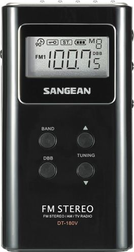 Sangean DT180V Pocket Size AM/FM Stereo Digital with PLL Synthesized Digital Tuning System - Black, Pocket Size, Audio Search Station, Stereo/mono Switch, FM Stereo Via Supplied Earphones, Battery Power Indicator (DT180V DT-180V DT180VB DT-180VB DT180B DT-180B DT180) 