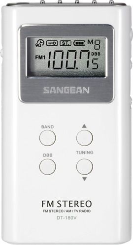 Sangean DT180V Pocket Size AM/FM Stereo Digital with PLL Synthesized Digital Tuning System - White, Pocket Size, Audio Search Station, Stereo/mono Switch, FM Stereo Via Supplied Earphones, Battery Power Indicator  (DT180V DT-180V DT180VW DT-180VW DT180W DT-180W DT180) 