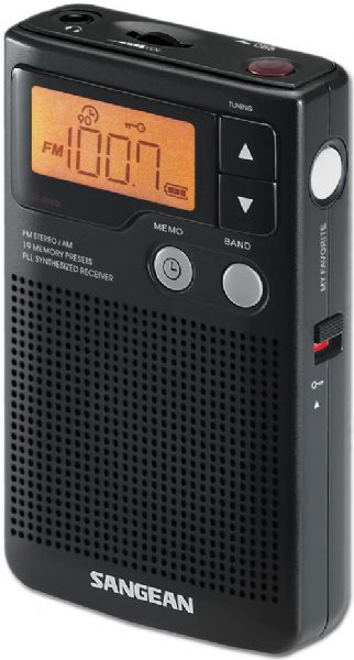 Sangean DT-200X FM-Stereo / AM Pocket Receiver with Built-in Speaker, Black; PLL synthesized tuning system; 19 random preset stations; LCD display; Auto seek station; Selectable stereo / mono switch; Stereo earphone jack; Low battery indicator; 90 minute auto shut off; DBB (Dynamic Bass Boost); Lock switch; My favorite stations; Built-in speaker; Built-in clock;  Dimensions 2.5