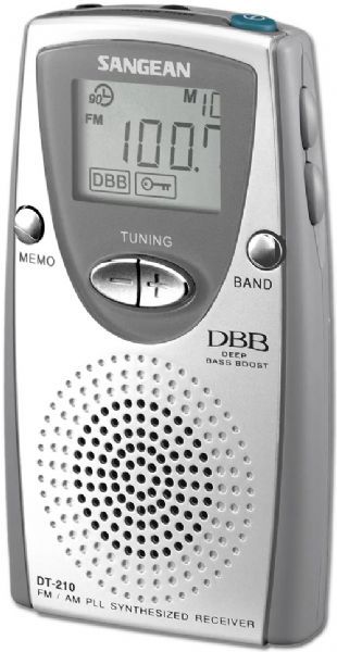 Sangean DT-210 FM-Stereo/AM PLL Synthesized Pocket Receiver; 25 memory preset stations (FM 15, AM 10); Selectable stereo / mono switch; DBB (Dynamic Bass Boost); Auto seek station; 90 minute auto shut off; Built-in speaker; Low battery indicator; Removable belt clip; Dimensions 4