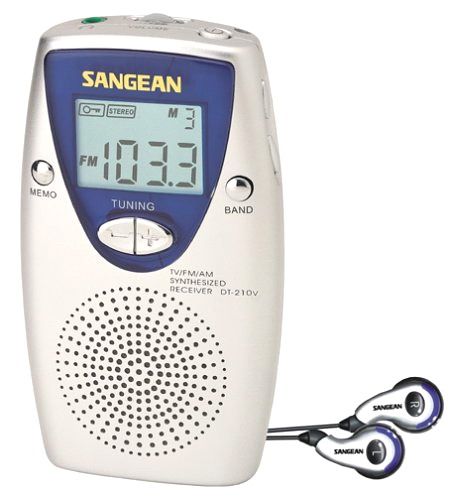 Sangean DT-210V Pocket-Size Digital Radio AM/FM/TV , 25 preset stations, Stereo/mono switch, Deep bass boost improves sound, Sleep timer, Batteries: 2 AAA, Dimensions: 1in x 2.4in x 4in, Built-in speaker, Radio presets: 25, Headphone jack: .125-inch, Headphone volume control (DT 210V DT210V DT210)