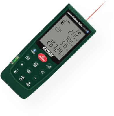 Extech DT500 Laser Distance Meter with Bluetooth; Transmits distance readings to Apple iOS mobile devices; Integrated Bluetooth connects with iOS devices to transmit readings for remote viewing; Dimensions 5.3