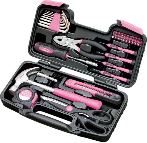 Apollo Precision Tools DT9706P General Tool Set 39 Piece, Pink, 45C Carbon Steel or Chrome Vanadium Steel Tools, Heat Treated and Chrome Plated, Contains: 12' Tape measure, Steel claw hammer with hard rubber grip handle, 6