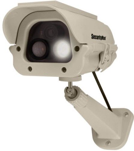 SecurityMan DUMCAM-SLM Solar Powered Spotlight Dummy Camera with PIR (Body Heat) Motion Sensor; Solar powered LED spotlight; Weatherproof camera housing; Cost effective theft deterrent device; Up to 60 times of 30-second spotlight LED notifications per night on a full charge; Super bright 110 Lumens LED spotlight, Provides up to 360 square feet of illumination; UPC 701107902326 (DUMCAMSLM DUMCAM SLM)