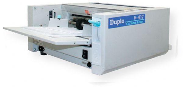 Duplo V-417 Cut Sheet Burster, 5-level speed adjustment: 42, 64, 89, 114, 140 sheets/minute, Burdt Length 2.5 - 9.9, Top Feeding System, Feeding Tray Capacity 400 sheets, Receiving Tray Stacker, Wide range of paper stock up to 110 lb. index, Form sizes up to 11 x 17, Up to 140 sheets per minute, LCD counter (V417 V 417)