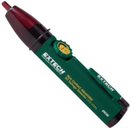 Extech DV30 Non-Contact Adjustable AC Voltage Detector, Non-Contact detection of AC voltage from 12VAC to 600VAC, Sensitivity adjustment increases or reduces sensor trigger threshold, Audible and visible voltage indication, Self test function, Small size with pocket clip, Complete with pocket clip and four LR44 button batteries, UPC 793950402320 (DV-30 DV 30)