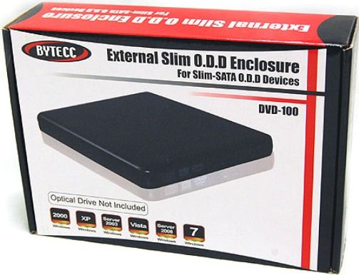 Bytecc DVD-100 External Slim O.D.D. Enclosure for Slim-SATA O.D.D. Devices, High quality and durable plastic enclosure with light weight, User Friendly structure can be easily installed and un-install, Compliant with USB 2.0 Spec, Support the following speed data rate: Low speed (1.5Mbps)/Full speed (12Mbps)/High speed (480Mbps), Support Hot-swapping and plug (DVD100 DVD 100)