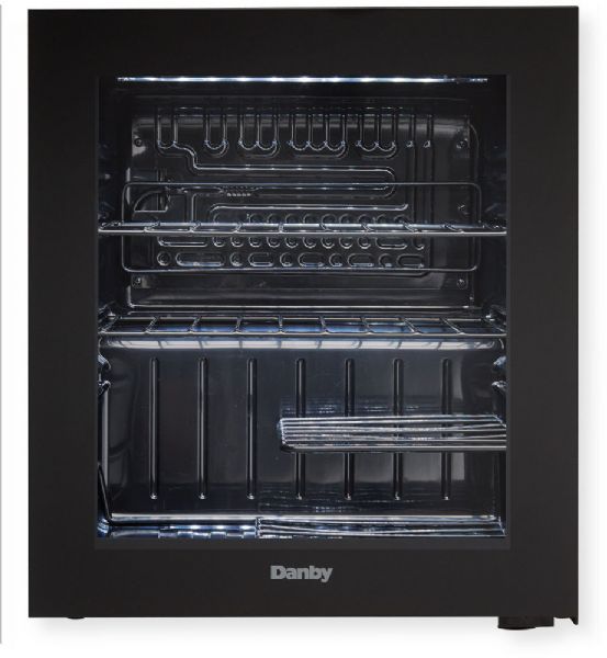 Danby DWC018A1BDB Freestanding Wine Cooler, Black; 1.8 cu ft Capacity; Convenient Counter-Top Design; up to 16 Bottles of Chilled Wine on Hand; Showcase Lighting; High Gloss Door Frame; Smoked Glass; Seamless Full-Length Door Handle; Reversible Door Hinge; Suitable for Red or White Wines; Dimensions (WxDxH): 17.5