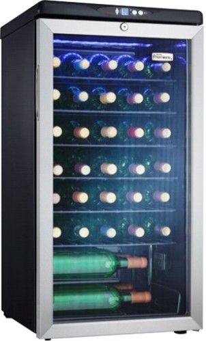 Danby DWC3509EBLS Freestanding Wine Cooler, Black with Stainless Steel, 35 bottles capacity, Programmable temperature range of 6C - 14C (42.8F - 57.2F), Easily accessible external digital thermostat, Interior light for attractive display, 6 wire shelves, Tempered glass door with stainless steel trim, UPC 067638900713 (DWC-3509EBLS DWC 3509EBLS DWC3509EBL DWC3509EB DWC3509E DWC3509)