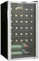 Danby DWC350BLPA Wine Cooler with 35-Bottle Capacity - 17", 35 bottle - 3.2 cu. ft. capacity, Interior display light, Auto cycle defrost, 5 slide out shelves, 1 staggered shelf, Compact Size, Reversible door hinge, Freestanding Type, Automatic Defrost, Single Temperature Zones, Knobs Temperature Control, UPC 067638901628, Stainless Steel Door, Black Cabinet Color (DWC350BLPA DWC-350-BLPA DWC 350 BLPA) 