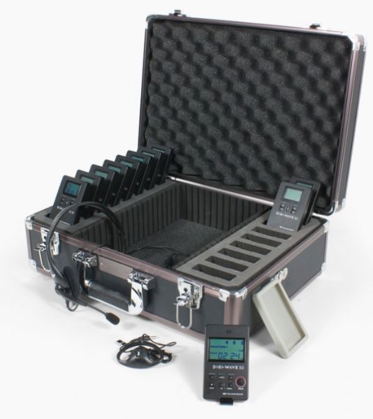 Williams Sound DWS INT 2 300 Digi-Wave 300 Series Interpretation System for one presenter and up to 10 listeners; Includes: (1) DLT 300 transceiver, (10) DLR 360 receivers, (10) BAT 010-2 AAA alkaline batteries, (1) MIC 044 2P headset microphone, (10) EAR 022 earphones, (1) CCS 030 DW system carry case, Can accommodate one language, expandable to floor plus 14 simultaneous languages, Complete, portable, wireless interpretation system in a briefcase, Quick set-up (DWSINT2300 DWS INT 2 300)