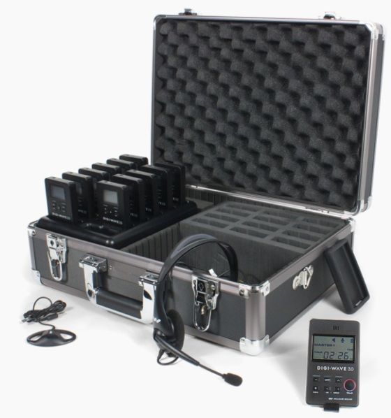 Williams Sound DWS TGS 11 300 Digi-Wave 300 Series Tour Guide System for one guide and up to 11 listeners; Includes: (1) DLT 300 transceiver, (11) DLR 360 receivers, (1) MIC 044 2P headset microphone, (11) BAT 010-2 AAA alkaline batteries, (1) CCS 030 DW 16 system carry case, (11) EAR 022 surround earphones, (1) CCS 044 BK black silicone skin, Can accommodate one language, expandable to floor plus 14 simultaneous languages, (DWSTGS11300 DWS TGS 11 300)