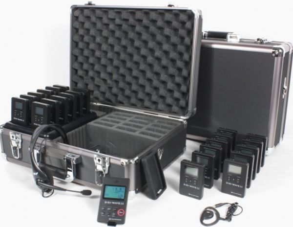 Williams Sound DWS TGS 23 2.0 Tour Guide System for one guide and up to 23 listeners; Includes: (1) DLT 100 2.0 transceiver, (23) DLR 60 2.0 receivers, (1) MIC 044 2P headset microphone, (2) CHG 1012 PRO chargers with cases, (23) BAT 022-2 AAA rechargeable NiMH batteries, (23) EAR 022 surround earphones, (1) CCS 044 BK black silicone skin, Single-presenter/multiple-listener system (DWSTGS2320 DWS TGS 23 2.0)