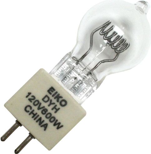 Eiko DYH model 01800 Projector Light Bulb, 120 Volts, 600 Watts, 17000 Lumens, CC-6 Filament, 2.50/63.5 MOL in/mm, 0.87/22.0 MOD in/mm, 75 Average Life, G-7 Bulb, G5.3 Base, 1.44/36.5 LCL in/mm, 600 Watts Amps, 3200 Color Temperrature degrees of Kelvin, UPC 031293018007 (01800 DYH EIKO01800 EIKO-01800 EIKO 01800)